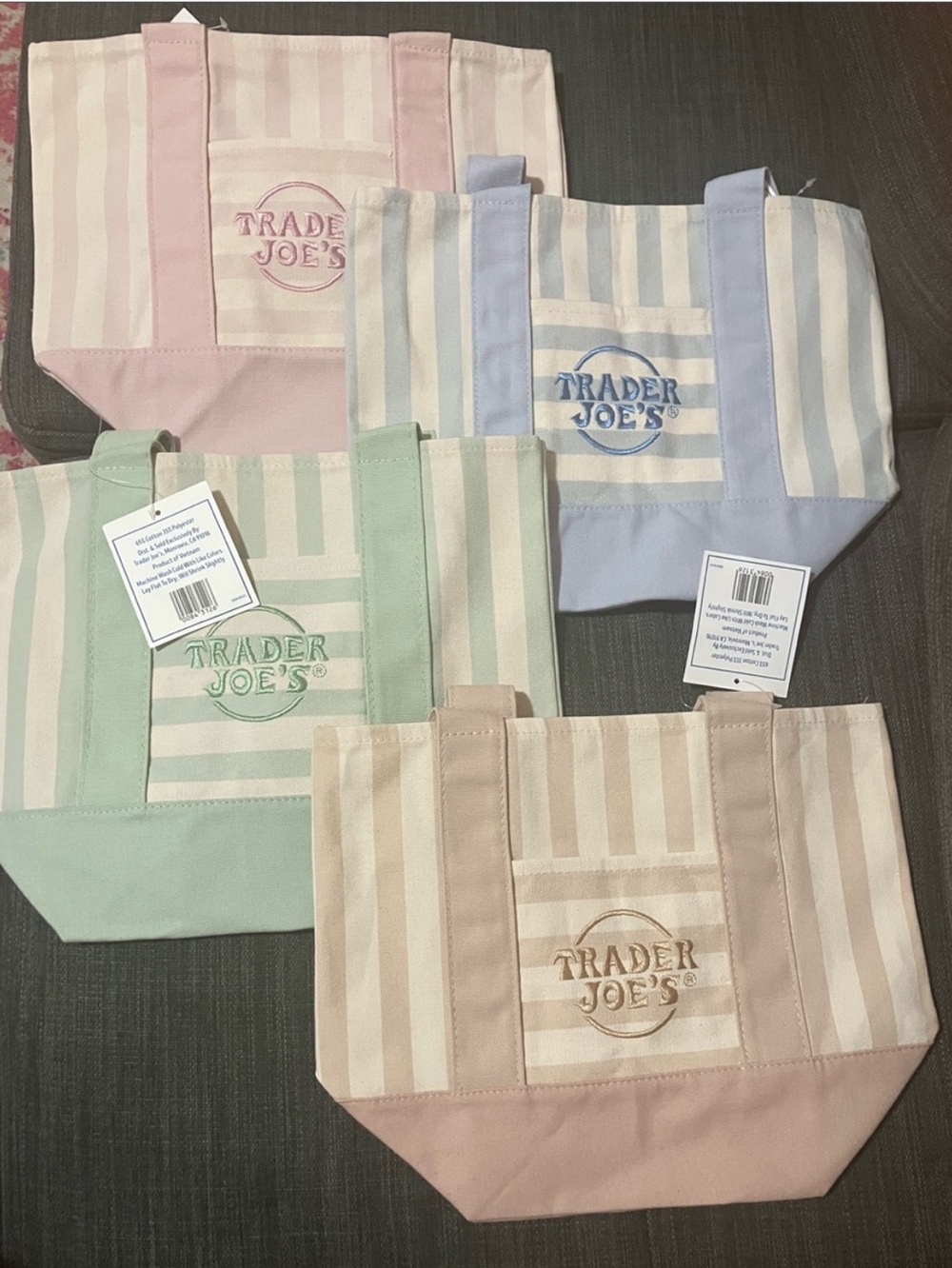 NWT Trader Joe's Pastel Stripe Canvas Mini Tote Bags (Set of 4)